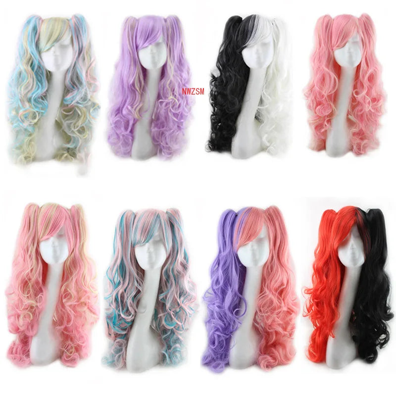 2020 Dangan Ronpa Monokuma Longues Queues De Cheval Bouclées Perruque Cosplay Costume Danganronpa Résistant À La Chaleur Synthétique Cheveux Femmes Cosplay Perruques