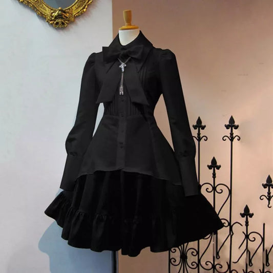 2022 Été Élégant Fête Noir Gothique Femmes Lolita Robes Grande Taille Col Nœud Plissé À Lacets Goth Vintage Blanc Chic Jurken