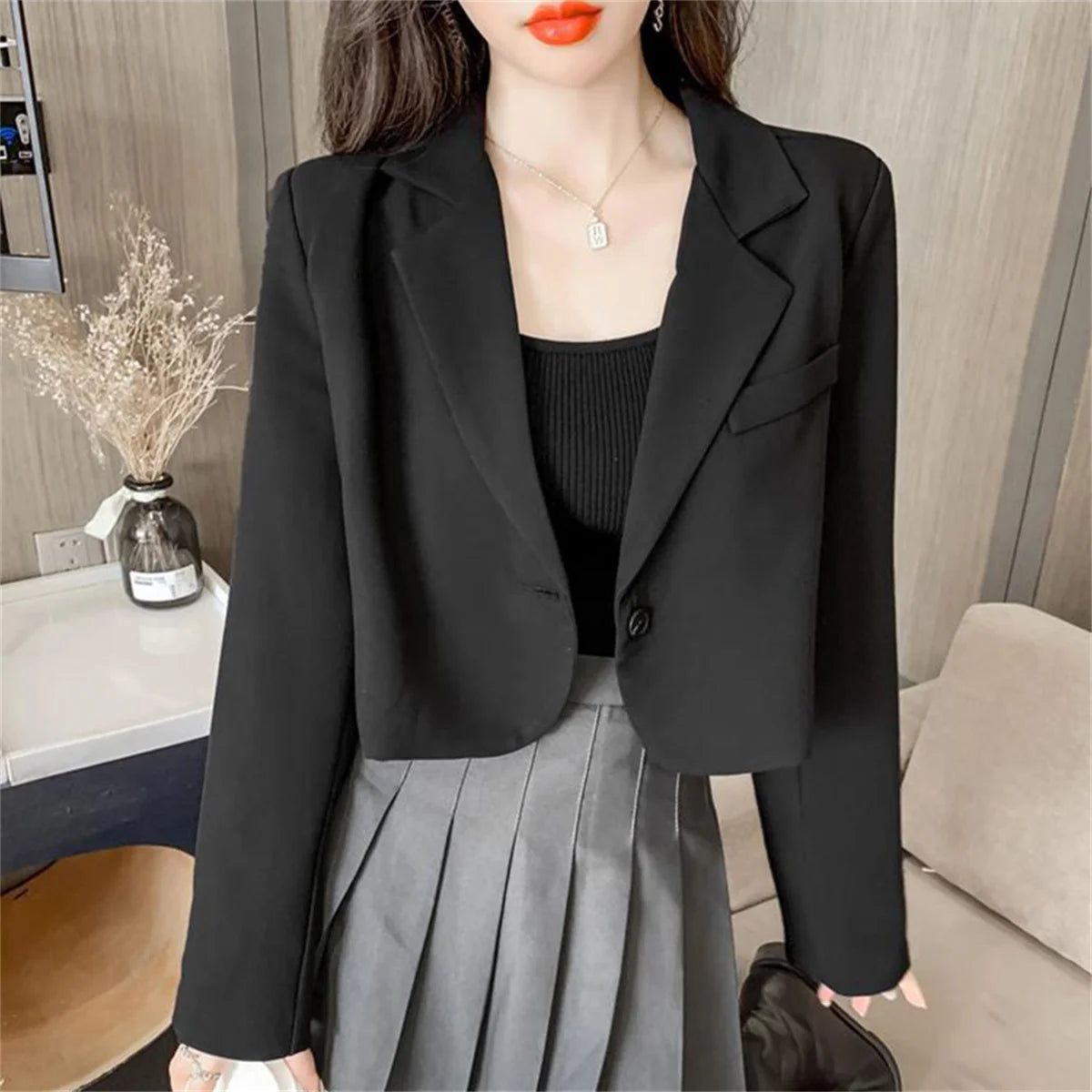 2024 Nouvelle mode coréenne Blazers courts pour femmes à manches longues boutonné veste de costume femme élégant tout match bureau Blazer femme