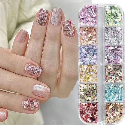 12 grilles Aurora Iridescent Mixte Hexagone Paillettes Paillettes Holo Flocons Nail Art Poudre Gel Vernis Manucure Décorations