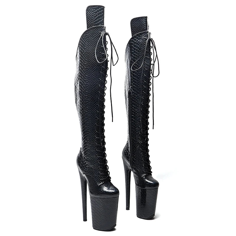 Leecabe   23CM/9inches Snake Shiny  PU   fashion  lady  High Heel platform  Pole Dance boots