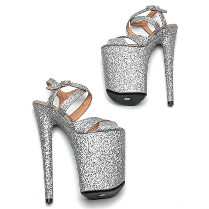 Leecabe 23CM / 9 pouces Argent Paillettes Mode Plateforme Talons Hauts Sandales Pole Dance Chaussures