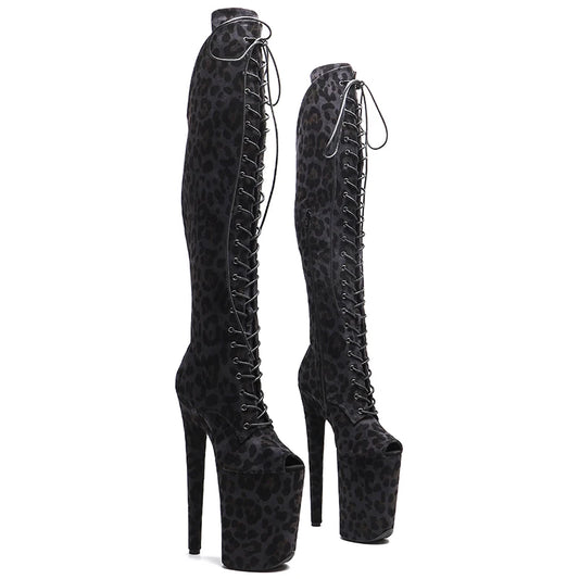 Leecabe 23CM/9 pouces imprimé léopard tige petite bout ouvert mode dame talon haut plate-forme Pole Dance bottes