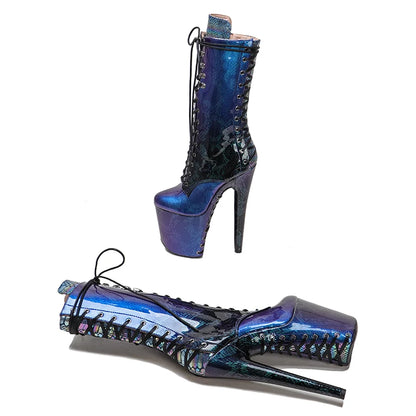 Leecabe 20CM/8Inch brillant en peau de serpent semelle à lacets et tige talons hauts Pole Dance boot