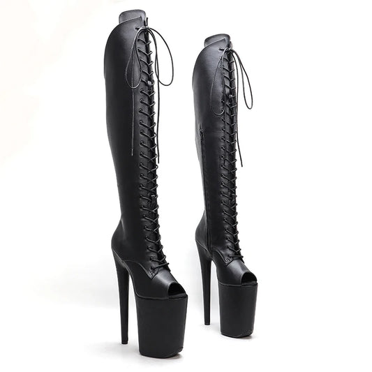 Leecabe 23CM/9 pouces bottes sexy en PU mat à bout ouvert et talons hauts à plateforme chaussures de pole dance