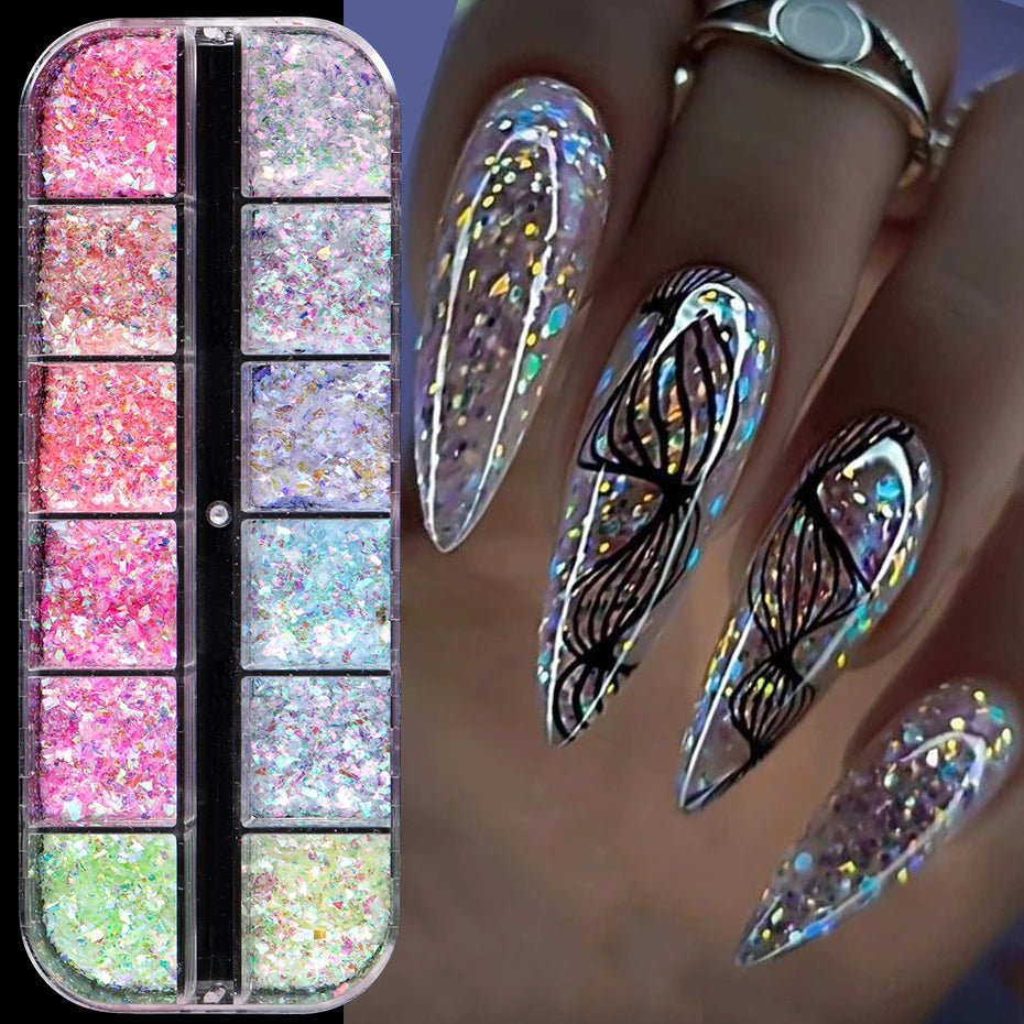 12 grilles Aurora Chameleon Nail Glitter Flakes Paillettes irrégulières en verre de cristal Poudre Brillante Sirène Paillette Nail Art Décoration