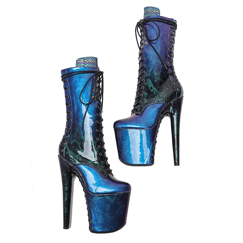 Leecabe 20CM/8Inch brillant en peau de serpent semelle à lacets et tige talons hauts Pole Dance boot