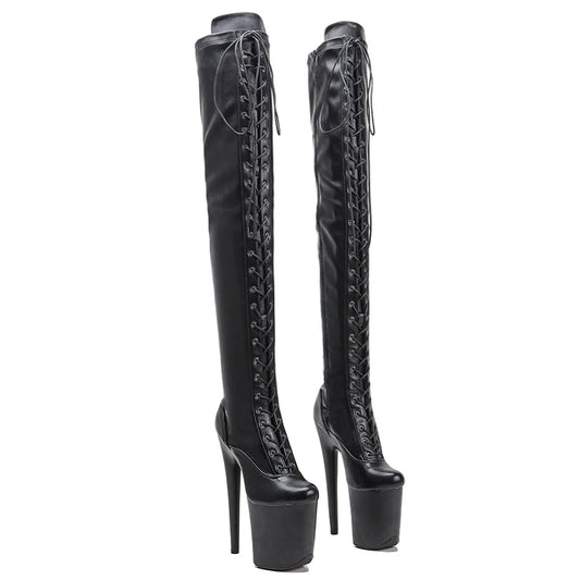 Leecabe 20CM/8 pouces chaussures de pole dance en PU mat à talons hauts au-dessus du genou bottes à plateforme à bout fermé bottes hautes