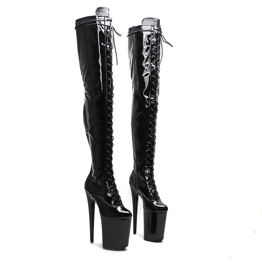 Leecabe 23CM/9 pouces Bottes sexy en PU verni à talons hauts et plateforme Chaussures de pole dance