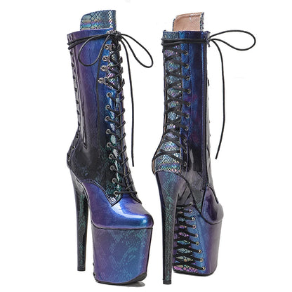 Leecabe 20CM/8Inch brillant en peau de serpent semelle à lacets et tige talons hauts Pole Dance boot