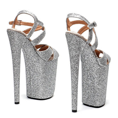 Leecabe 23CM / 9 pouces Argent Paillettes Mode Plateforme Talons Hauts Sandales Pole Dance Chaussures