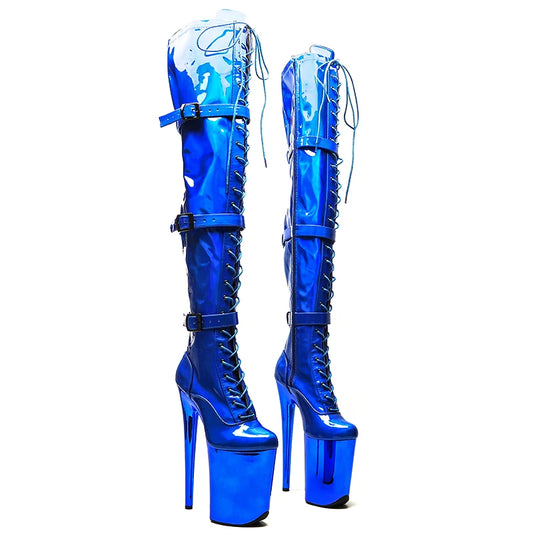 Leecabe 23CM/9 pouces Tige en PU brillant Bottes sexy Tendance de la mode Galvanoplastie Talons hauts Plateforme Pole Dance Chaussures