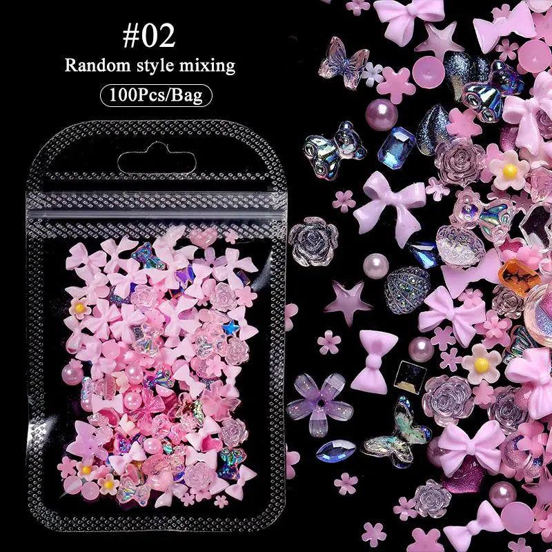 Lot de 100 breloques pour ongles en résine 3D, roses et violettes, fleurs, cœur, ours, mixtes, décoration pour nail art, Kawaii, ruban rose, nœud papillon, pièces pour ongles à faire soi-même