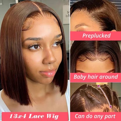 Perruque Lace Front Wig Bob Cheveux Humains Marron 13x4 Droite 180% Densité Complète HD Transparente Perruques Lace Front Wig Bob Hair