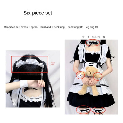 2024 6 pièces ensemble mignon costume de femme de chambre Cosplay jeu de main vin rouge doux costume de femme de chambre Lolita